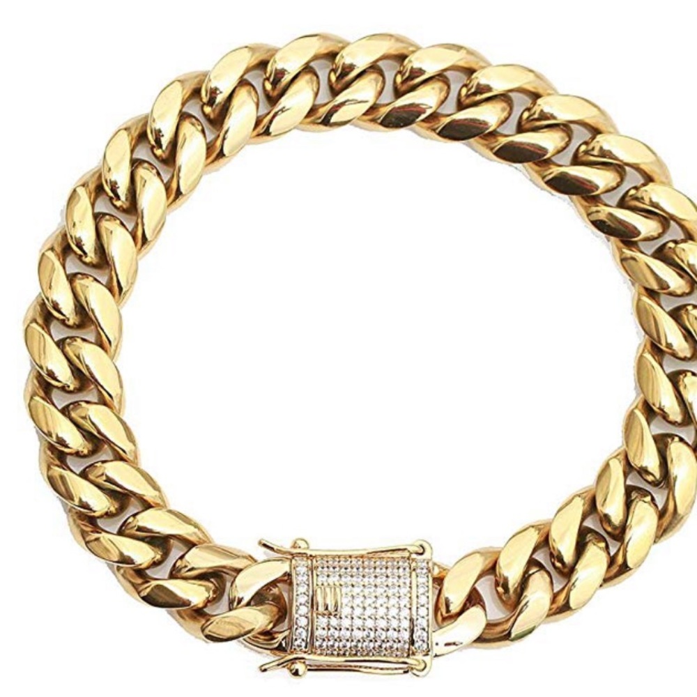 14K Gold Cuban Bracelet Stainless Steel Diamond
